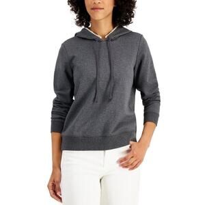 Charter Club Embellished Hoodie Large Charcoal Pullover Drawstring NWT
